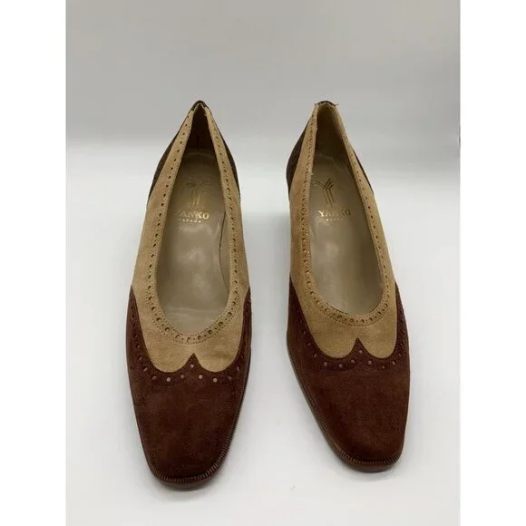 YANKO Womens Two Tone Brown Suede Oxford Pump Made in Spain Classic 7.5 M US - Picture 2 of 7